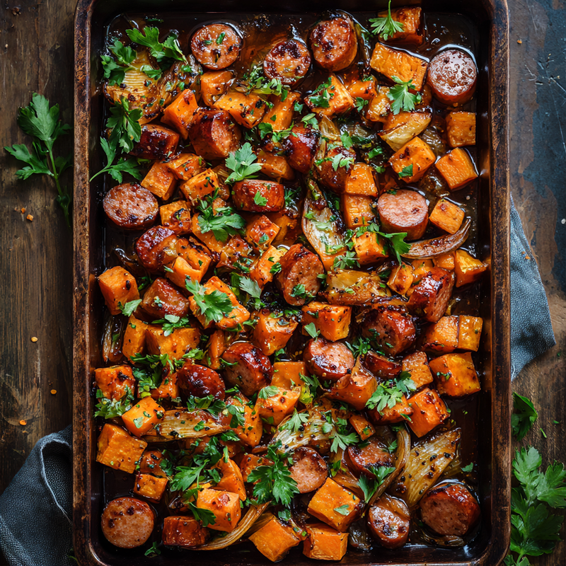 Honey Garlic Sausage And Sweet Potato Sheet Pan Dinner